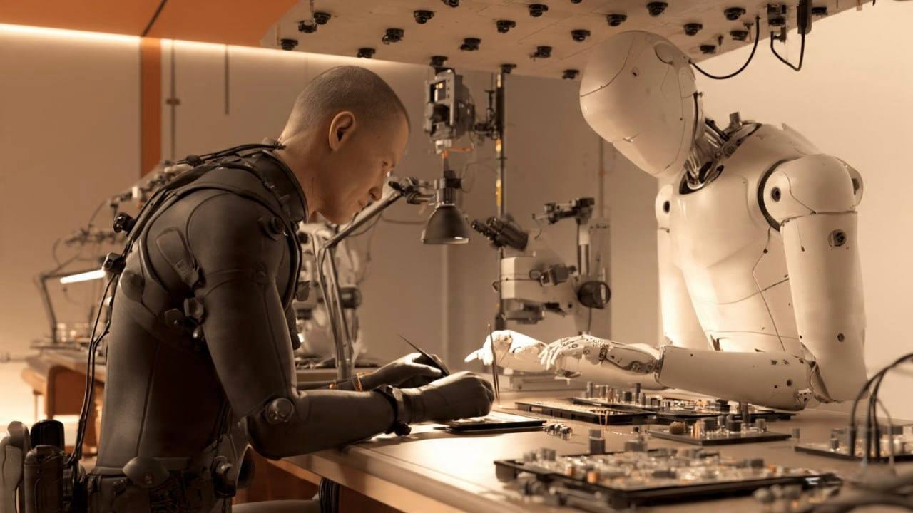 Operator teleoperating a humanoid robot through force-controlled, bimanual electronics assembly at a Roborecs capture station, Sofia Tech Park