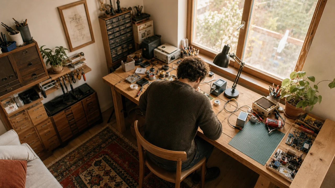 Wall-camera third-person view of a maker at a workbench, their back turned so the hands and the work are hidden